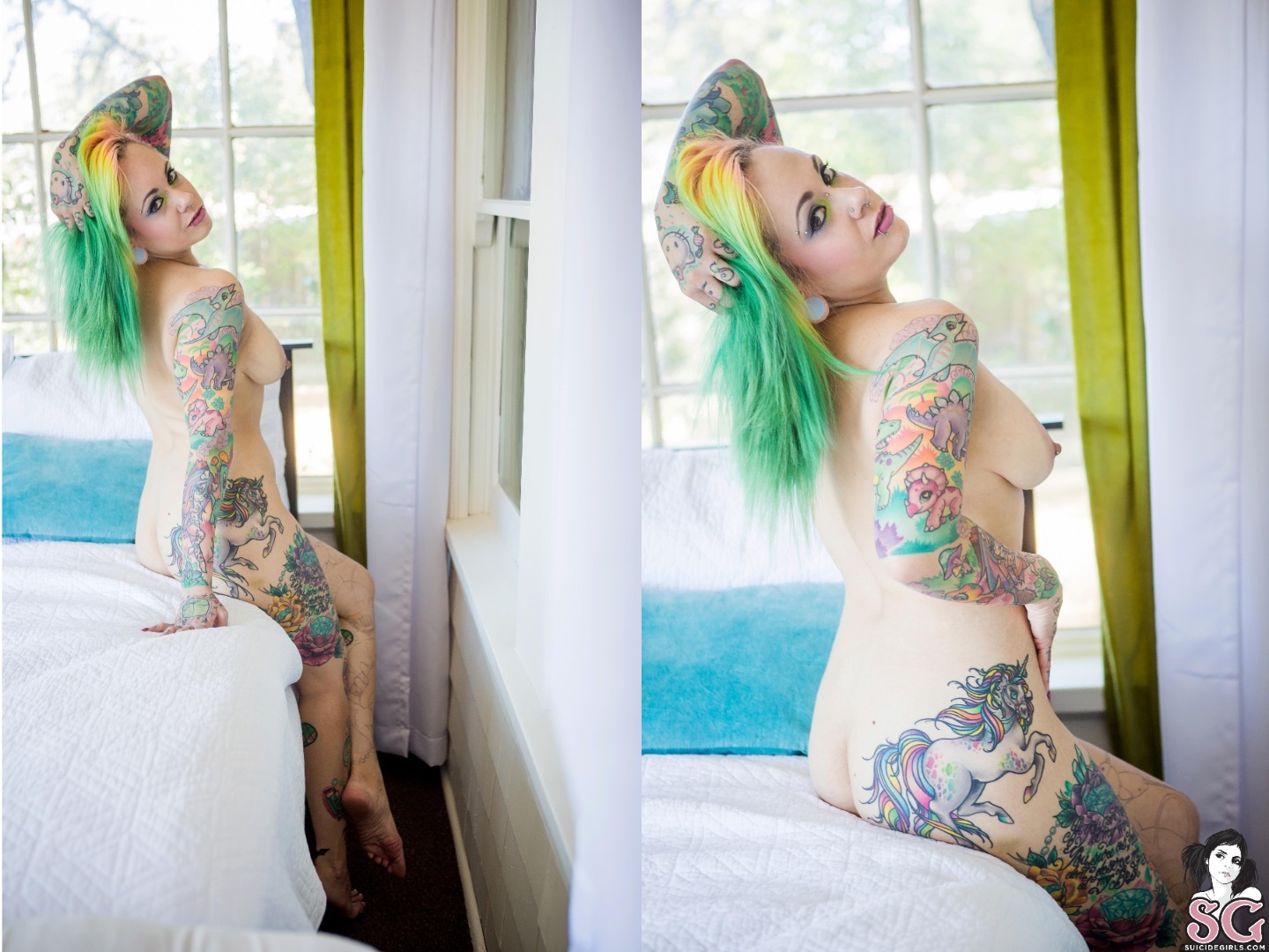 harmony vision two gorgeous models love lesbian sex #Vapor in #HopefulSet #Ethereal by #Sunshine for #SuicideGirls c. #2021 - #35yo #rainbowhair #greenhair #tattoos #bed #window #diptych